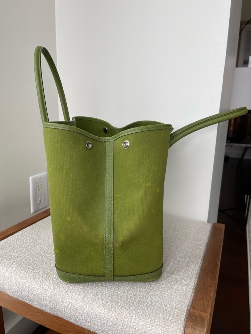 Auth Hermes Rare Olive Green Canvas Tote Bag with Leather Trim - Picture 8 of 12
